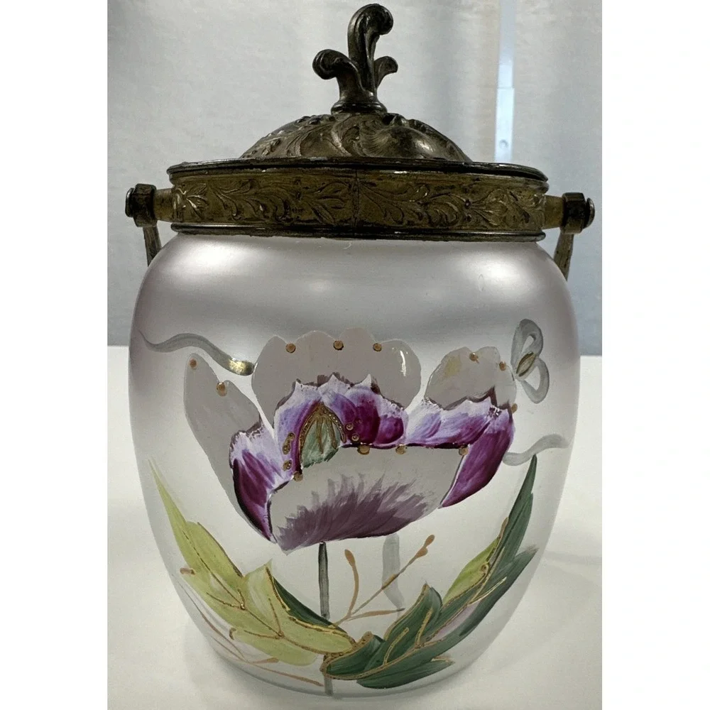 Antique Victorian Hand Painted Satin Glass Biscuit Cracker Jar Brass Mount c1890